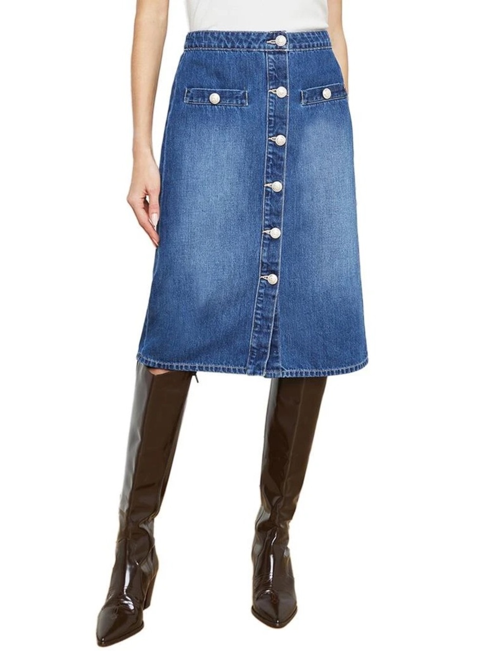 L'AGENCE Blue Button-Front Denim Midi Skirt